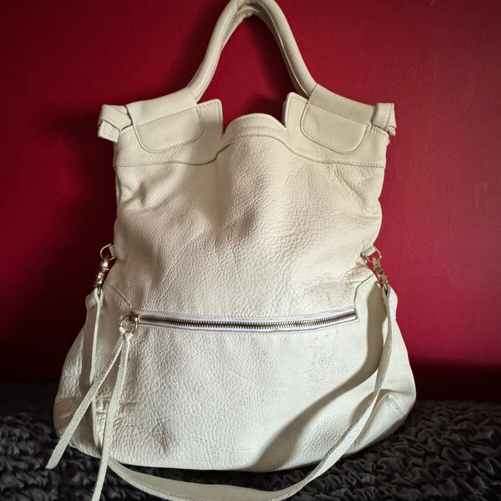 Foley and Corinna Womens Leather Fold Over Shoulder Bag Crossbody White, Large